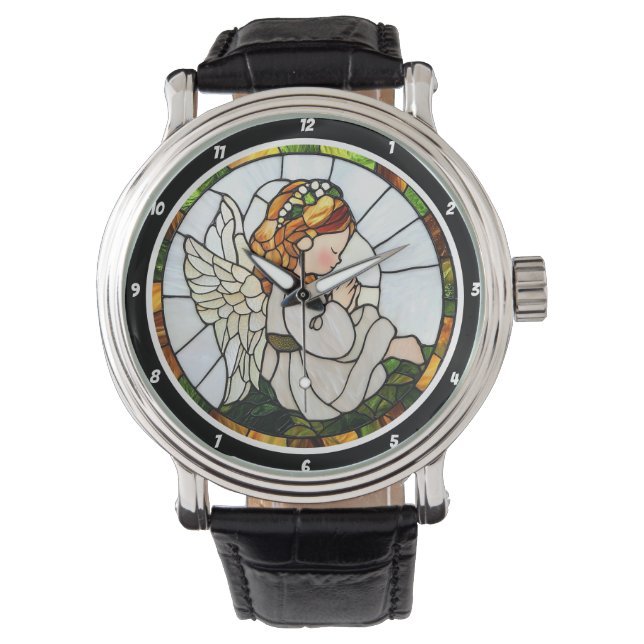 Praying Angel's Garden Stained Glass Floral Wall Horloge (Voorkant)