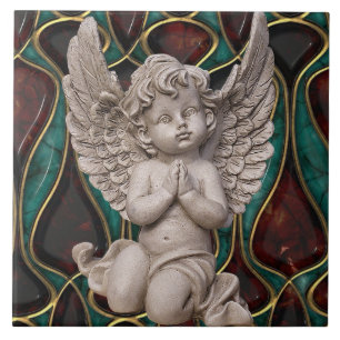 Praying Cherub Angel on Enameled Background Tile Tegeltje