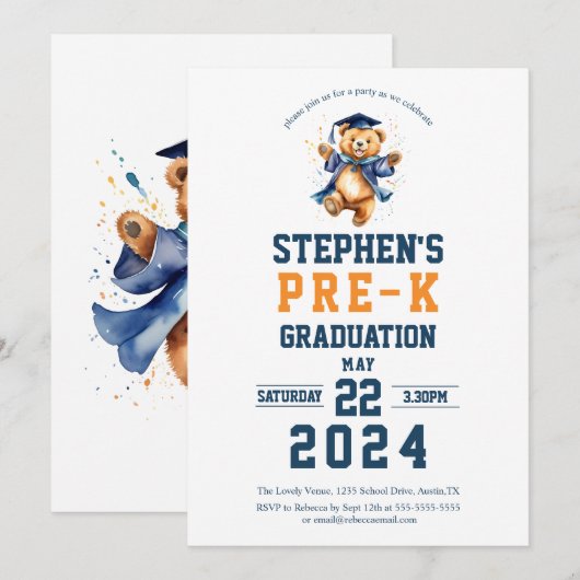 Pre-k Afstudeerfeest Schattige Teddy Bear Kaart (Voorkant / Achterkant)