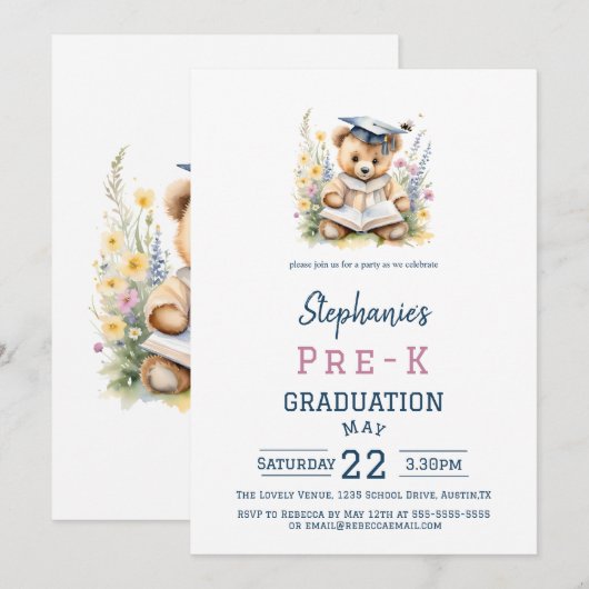 Pre-K Afstudeerfeest Schattige Teddybeer & Flowers Kaart (Voorkant / Achterkant)