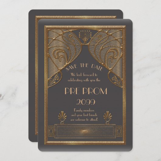 Pre Prom Junior, Great Gatsby, Gold, grijs B Save The Date (Voorkant / Achterkant)