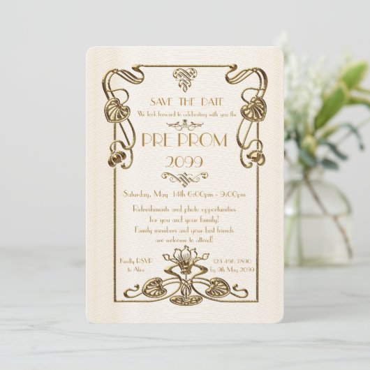 Pre Prom Junior, Great Gatsby, Gold, wit Save The Date (Staand voorkant)