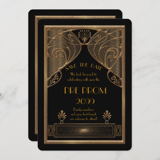 Pre Prom Junior, Great Gatsby, Gold, zwart Save The Date (Voorkant / Achterkant)