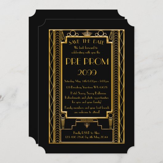 Pre PromJunior, Great Gatsby, Gold, Black Save The Date (Voorkant / Achterkant)