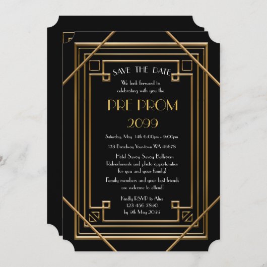 Pre PromJunior, Great Gatsby, Gold, Black Save The Date (Voorkant / Achterkant)