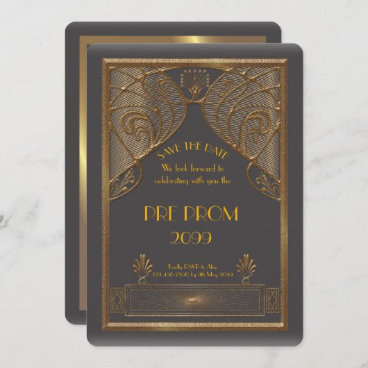 Pre PromJunior, Great Gatsby, Gold, grijs Save The Date (Voorkant / Achterkant)