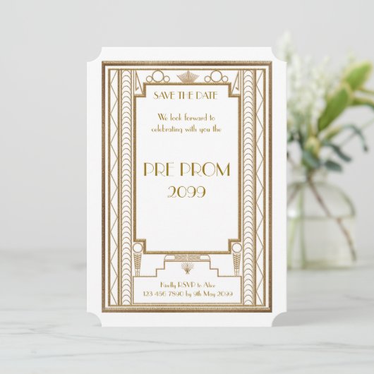 Pre PromJunior, Great Gatsby, Gold, White Save The Date (Staand voorkant)