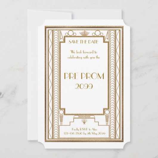 Pre PromJunior, Great Gatsby, Gold, White Save The Date (Voorkant)
