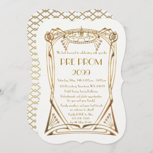 Pre PromJunior, Great Gatsby, Gold, wit, haakje Save The Date (Voorkant / Achterkant)