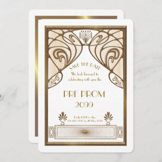 Pre PromJunior, Great Gatsby, Gold, wit Save The Date (Voorkant / Achterkant)