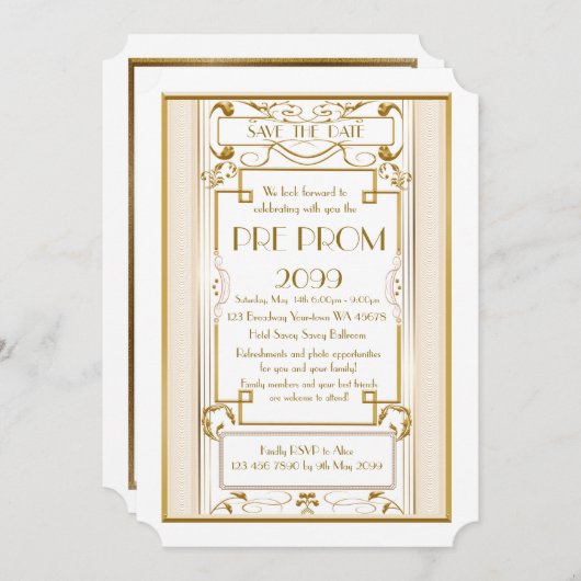 Pre PromJunior, Great Gatsby, Gold, wit Save The Date (Voorkant / Achterkant)