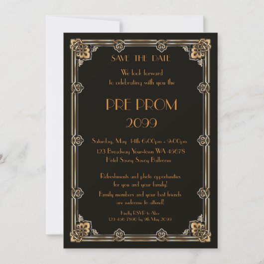 Pre PromJunior, Great Gatsby, Gold, zwart Save The Date (Voorkant)