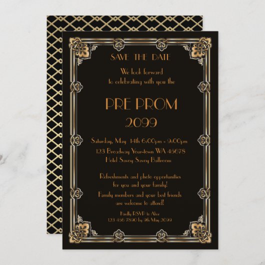 Pre PromJunior, Great Gatsby, Gold, zwart Save The Date (Voorkant / Achterkant)