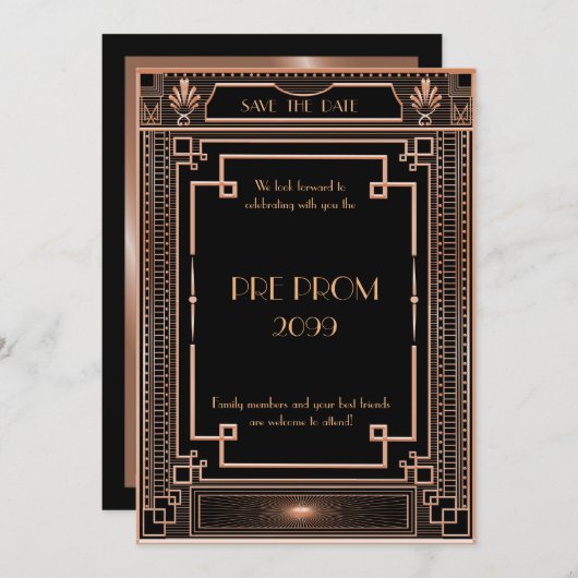 Pre PromJunior, Great Gatsby, Gold, zwart Save The Date (Voorkant / Achterkant)