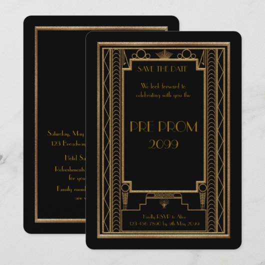 Pre PromJunior, Great Gatsby, Gold, zwart Save The Date (Voorkant / Achterkant)