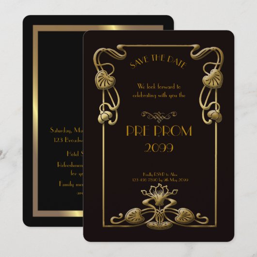 Pre PromJunior, Great Gatsby, Gold, zwart Save The Date (Voorkant / Achterkant)