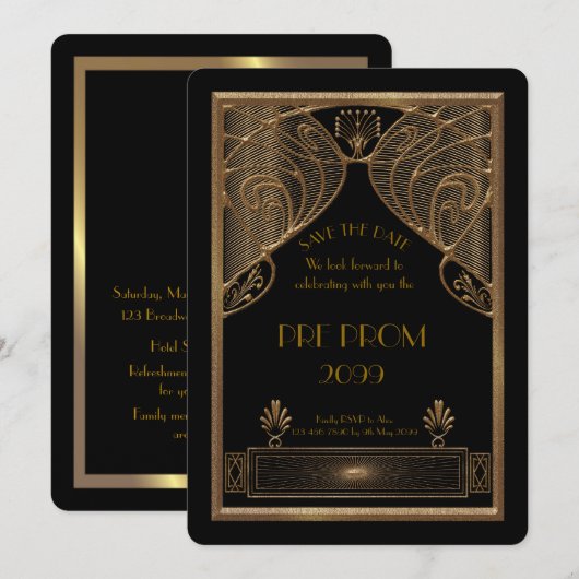 Pre PromJunior, Great Gatsby, Gold, zwart Save The Date (Voorkant / Achterkant)