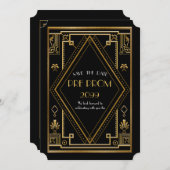 Pre PromJunior, Great Gatsby, Gold, zwart Save The Date (Voorkant / Achterkant)
