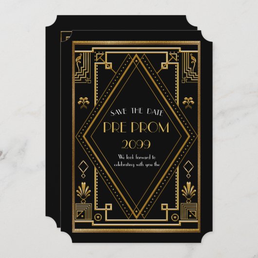 Pre PromJunior, Great Gatsby, Gold, zwart Save The Date (Voorkant / Achterkant)