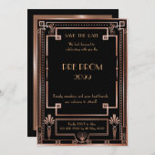 Pre PromJunior, Great Gatsby, roze goud, zwart Save The Date (Voorkant / Achterkant)