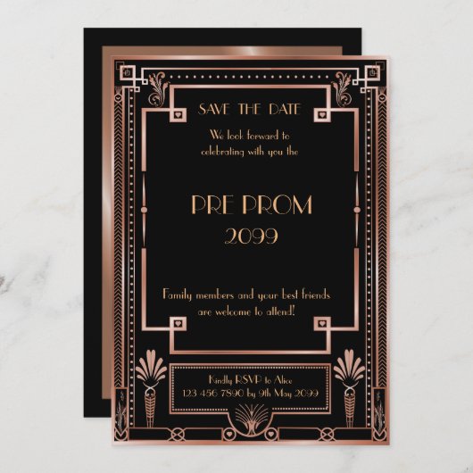 Pre PromJunior, Great Gatsby, roze goud, zwart Save The Date (Voorkant / Achterkant)