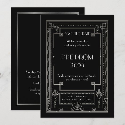 Pre PromJunior, Great Gatsby, Silver, Black Save The Date (Voorkant / Achterkant)
