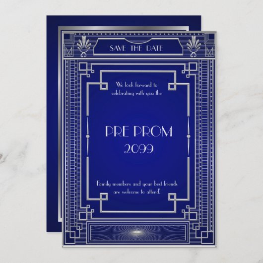 Pre PromJunior, Great Gatsby, Silver, marine Save The Date (Voorkant / Achterkant)