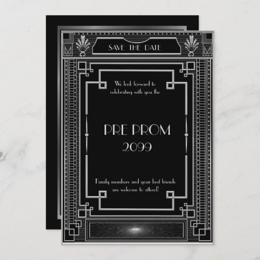 Pre PromJunior, Great Gatsby, Silver, zwart Save The Date (Voorkant / Achterkant)