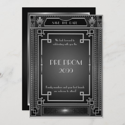 Pre PromJunior, Great Gatsby, Silver, zwart Save The Date (Voorkant / Achterkant)