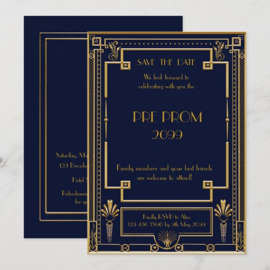 Pre PromJunior, Great, Gold, Navy Save The Date (Voorkant / Achterkant)