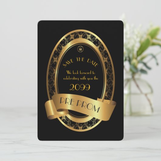 Pre PromJunior, Great Prom, elegant zwart, goud Save The Date (Staand voorkant)