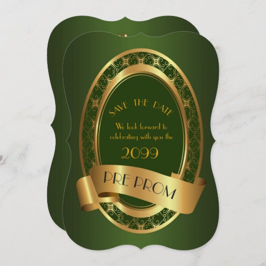 Pre PromJunior, Great Prom, smaragdgroen, goud Save The Date (Voorkant / Achterkant)
