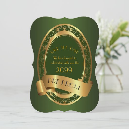 Pre PromJunior, Great Prom, smaragdgroen, goud Save The Date (Staand voorkant)