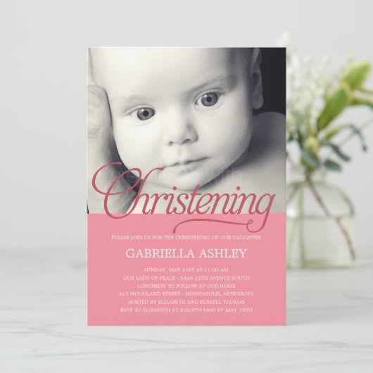 Preciezer script Foto Christening Uitnodiging - Ro (Staand voorkant)