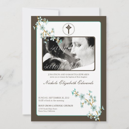 Precious Aqua Cherry Blossom Baptism Invitation Kaart (Voorkant)