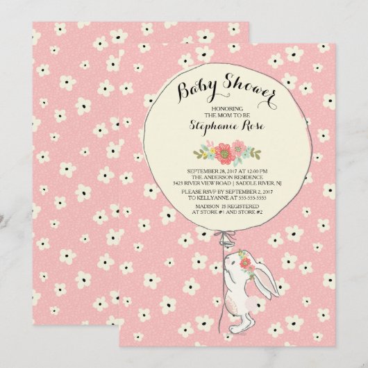 Precious Bunny Girls Baby shower Invitation Kaart (Voorkant / Achterkant)