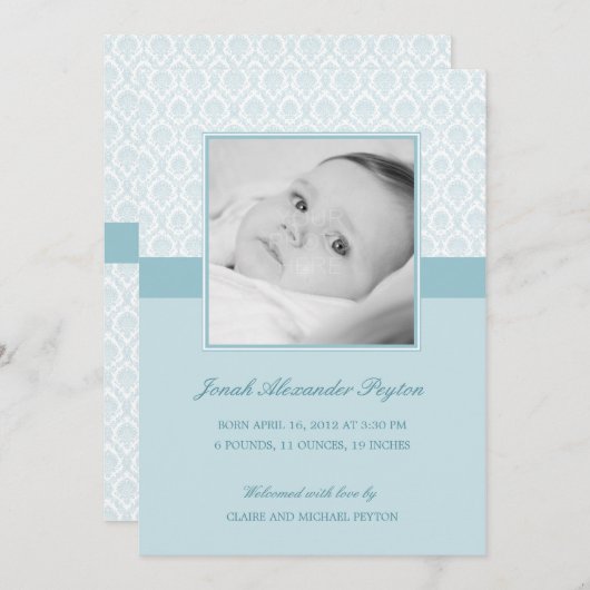 Precious Damask Baby Boy Birth Announding Aankondiging (Voorkant / Achterkant)