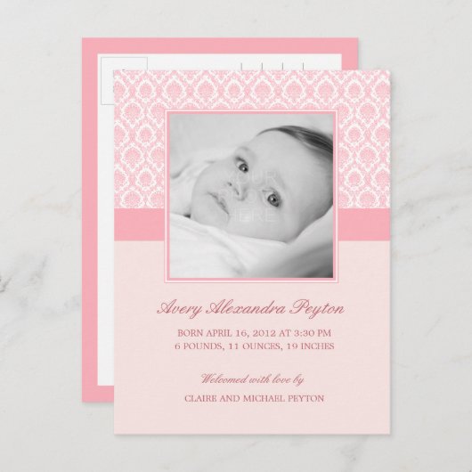 Precious Damask Baby Girl Geboorteaankondiging Aankondigingskaart (Voorkant / Achterkant)