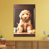 Precious Goldendoodle Puppy met Schoenen Bruin Kle Canvas Afdruk (Insitu (Woonkamer))