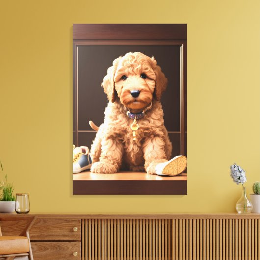 Precious Goldendoodle Puppy met Schoenen Bruin Kle Canvas Afdruk (Insitu (Woonkamer))