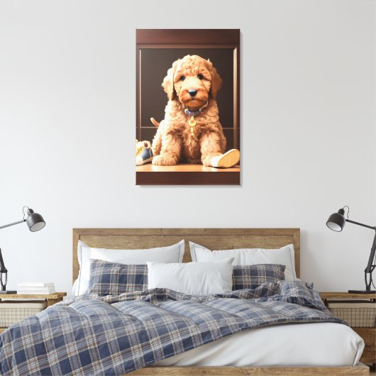 Precious Goldendoodle Puppy met Schoenen Bruin Kle Canvas Afdruk (Insitu (Slaapkamer))