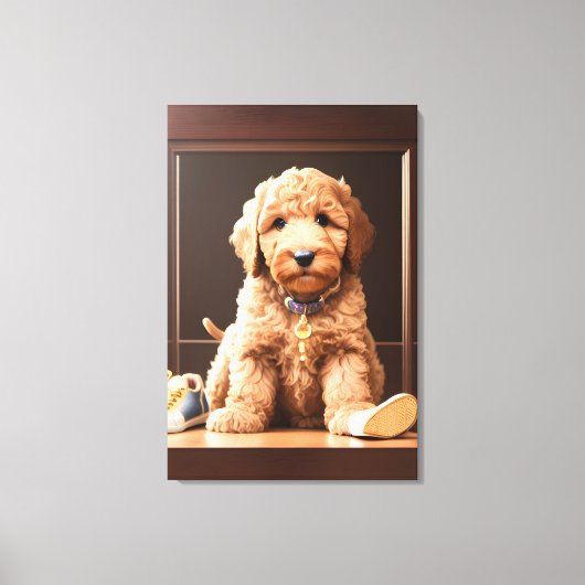 Precious Goldendoodle Puppy met Schoenen Bruin Kle Canvas Afdruk (Voorkant)