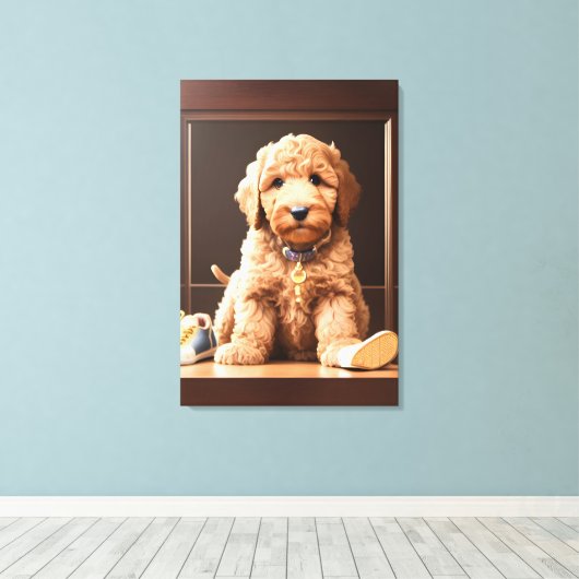 Precious Goldendoodle Puppy met Schoenen Bruin Kle Canvas Afdruk (Insitu (Houten vloer))