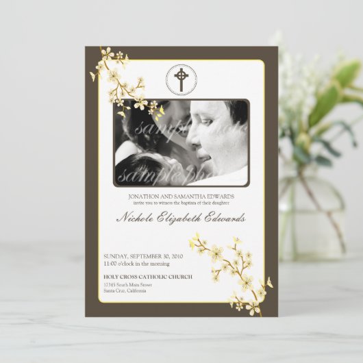 Precious Lemon Cherry Blossom Baptism Invitation Kaart (Staand voorkant)