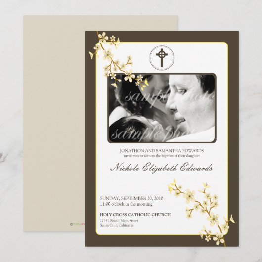 Precious Lemon Cherry Blossom Baptism Invitation Kaart (Voorkant / Achterkant)