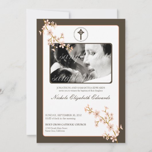Precious Peach Cherry Blossom Baptism Invitation Kaart (Voorkant)