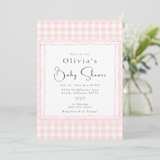 Precious Pink Gingham Baby shower Invitation Kaart (Staand voorkant)