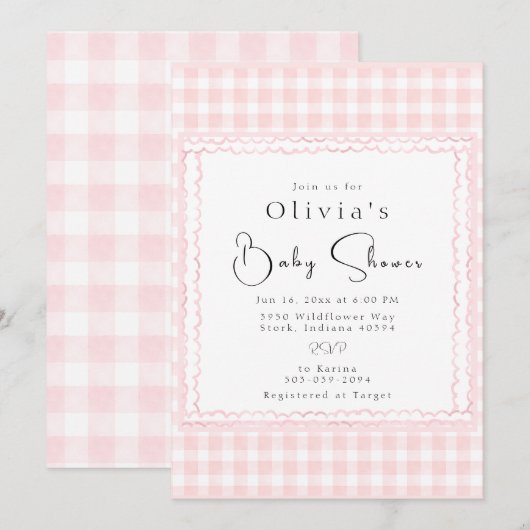 Precious Pink Gingham Baby shower Invitation Kaart (Voorkant / Achterkant)