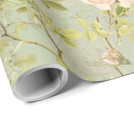 Precious Pink Redouté Rozen Pattern Green Cadeaupapier (Rol Hoek)