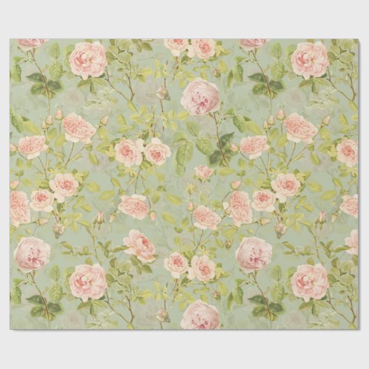 Precious Pink Redouté Rozen Pattern Green Cadeaupapier (Vlak)